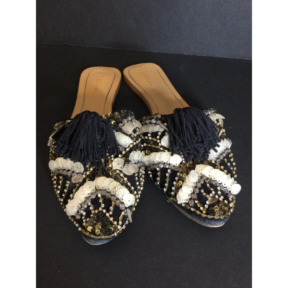 Llani Women's Sequins & Rhinestone Embellished Slides Suede Pom Pom Size 39